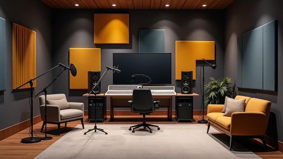 Estudio de grabación moderno con equipo de alta gama, micrófonos y paneles acústicos.